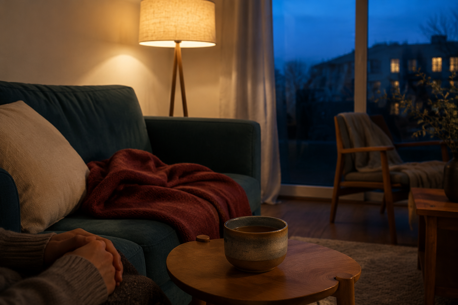 Eine ruhige Abendstimmung mit warmem Licht, einer Tasse und einer weichen Decke