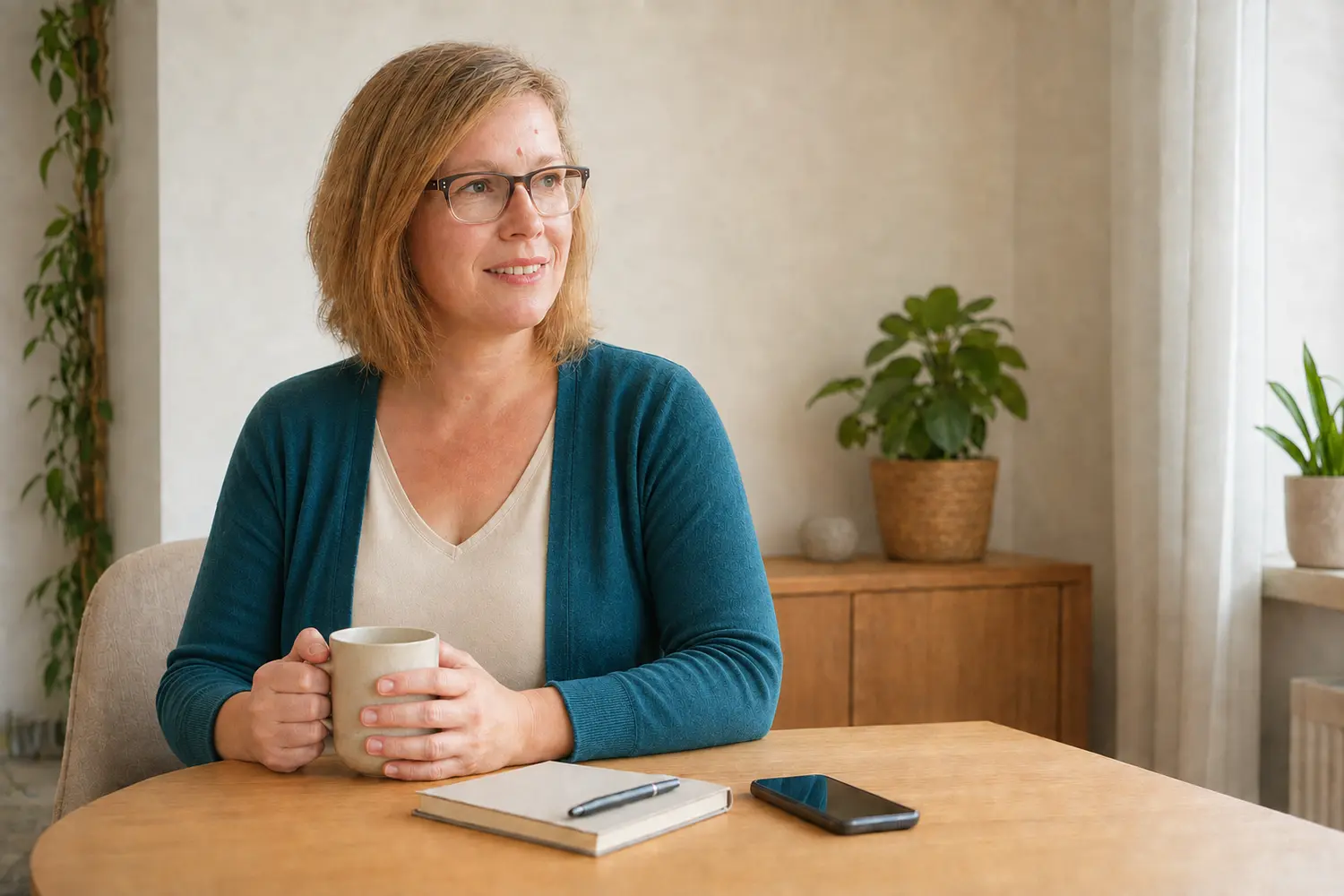 Sabrina Wachter sitzt mit einer Tasse an einem Tisch